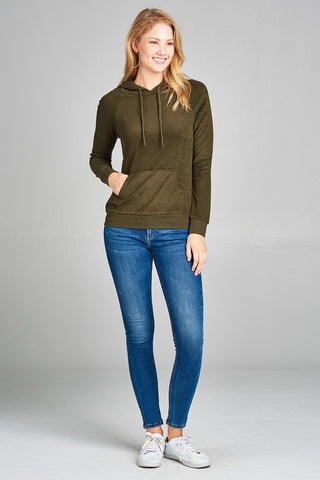 Ladies fashion plus size long sleeve hoodie pull over w/kangaroo pocket french terry top