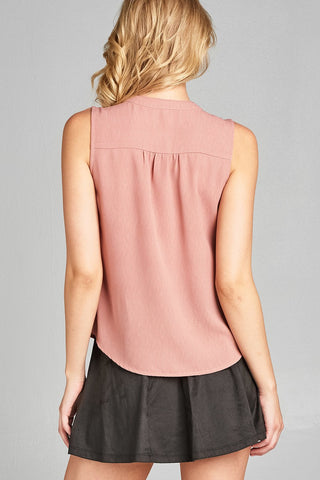 Ladies fashion plus size sleeveless v-neck self tie w/eyelet detail front button woven top