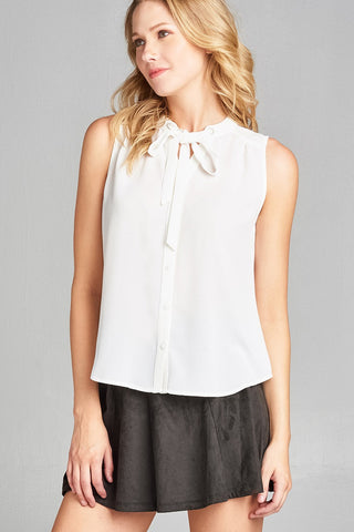 Ladies fashion plus size sleeveless v-neck self tie w/eyelet detail front button woven top