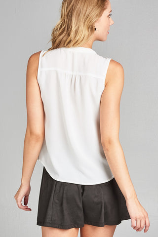 Ladies fashion plus size sleeveless v-neck self tie w/eyelet detail front button woven top