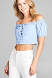 Ladies fashion short sleeve off the shoulder front eyelet w/string crop top