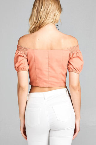 Ladies fashion short sleeve off the shoulder front eyelet w/string crop top