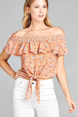 Ladies fashion off the shoulder smocked detail w/ruffle front self tie floral print crepe woven top