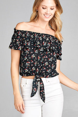 Ladies fashion off the shoulder smocked detail w/ruffle front self tie floral print crepe woven top