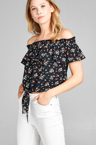Ladies fashion off the shoulder smocked detail w/ruffle front self tie floral print crepe woven top