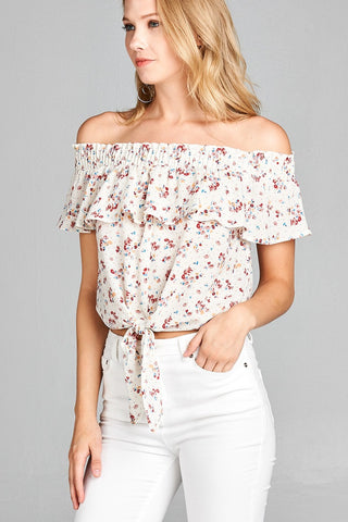 Ladies fashion off the shoulder smocked detail w/ruffle front self tie floral print crepe woven top