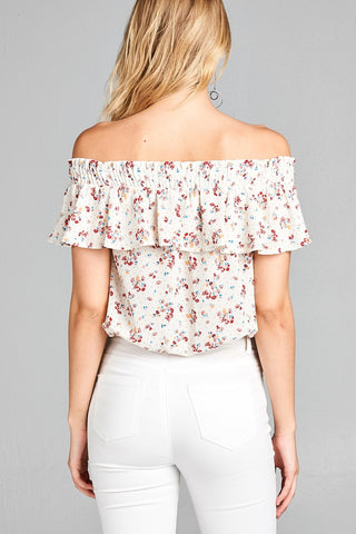 Ladies fashion off the shoulder smocked detail w/ruffle front self tie floral print crepe woven top