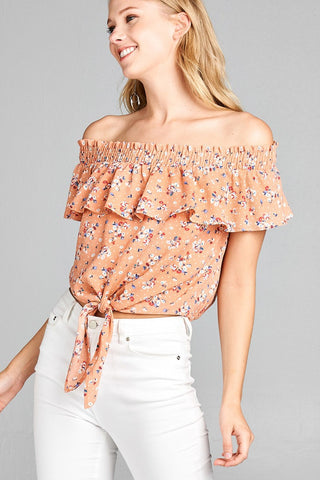 Ladies fashion off the shoulder smocked detail w/ruffle front self tie floral print crepe woven top