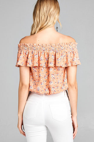 Ladies fashion off the shoulder smocked detail w/ruffle front self tie floral print crepe woven top