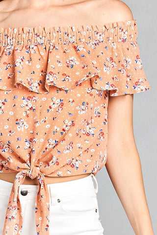 Ladies fashion off the shoulder smocked detail w/ruffle front self tie floral print crepe woven top