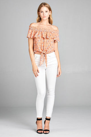Ladies fashion off the shoulder smocked detail w/ruffle front self tie floral print crepe woven top