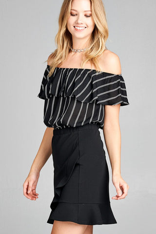 Ladies fashion off the shoulder w/ruffle elastic hem stripe print crop woven top