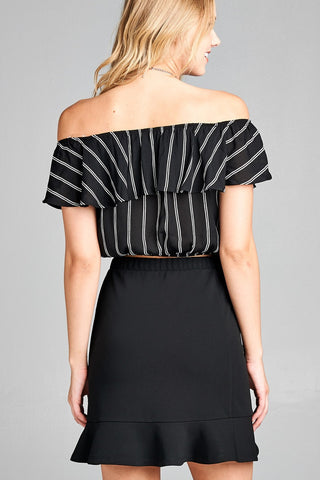 Ladies fashion off the shoulder w/ruffle elastic hem stripe print crop woven top