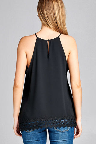 Ladies fashion halter neck w/button crochet lace hem woven top