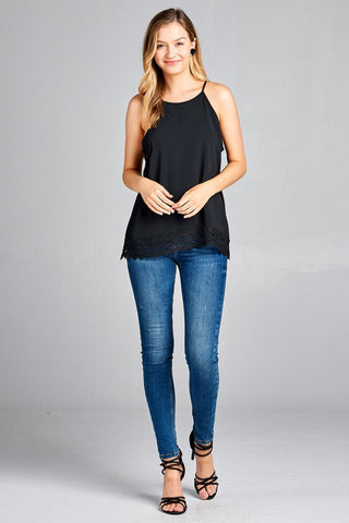 Ladies fashion halter neck w/button crochet lace hem woven top