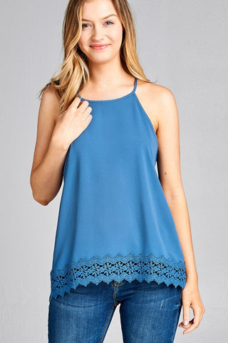 Ladies fashion halter neck w/button crochet lace hem woven top