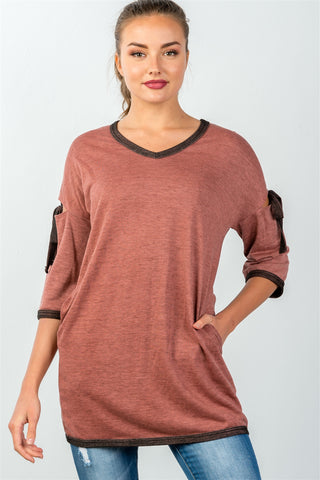 Ladies fashion 3/4 sleeve cutout bow detail pullover sweater