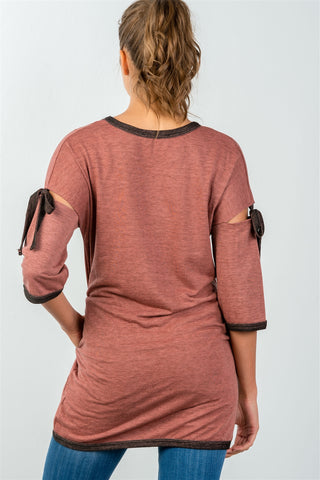 Ladies fashion 3/4 sleeve cutout bow detail pullover sweater