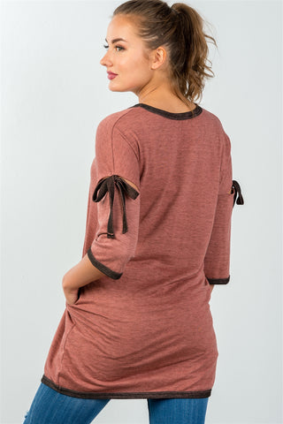 Ladies fashion 3/4 sleeve cutout bow detail pullover sweater