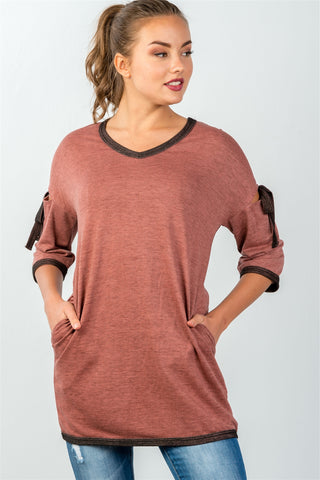 Ladies fashion 3/4 sleeve cutout bow detail pullover sweater