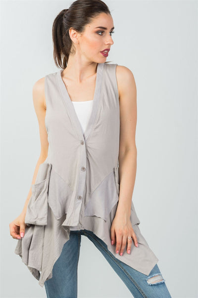Ladies fashion front button down closure solid color sleeveless asymmetric hem vest