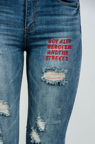 Ladies fashion denim distressed & graphic frayed hem skinny jeans