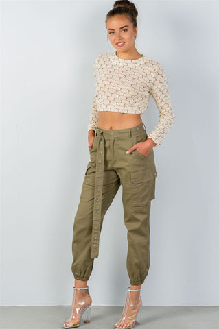 Ladies fashion round neckline hexagon print crop pullover