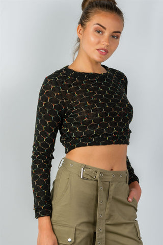 Ladies fashion round neckline hexagon print crop pullover