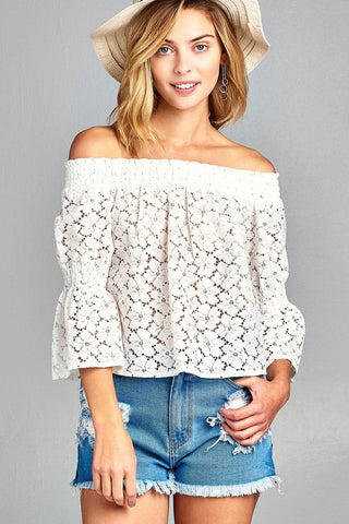 Ladies fashion off the shoulder w/smocked detail floral lace top