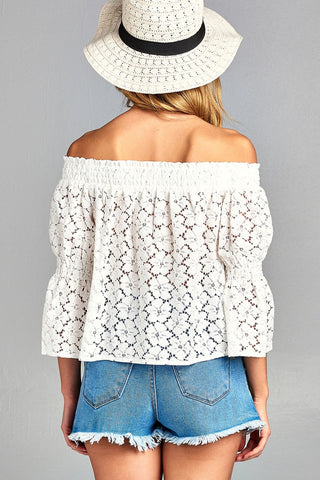 Ladies fashion off the shoulder w/smocked detail floral lace top