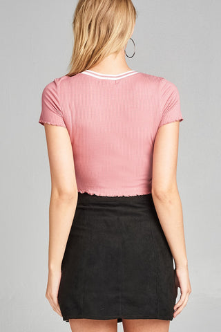 Ladies fashion short sleeve round neck w/rib band lettuce hem rayon spandex rib crop top