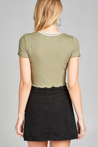 Ladies fashion short sleeve round neck w/rib band lettuce hem rayon spandex rib crop top