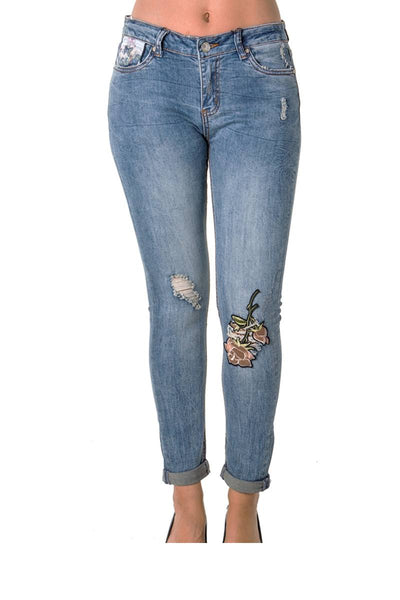 Ladies fashion denim distress embroidered capri pants with pockets
