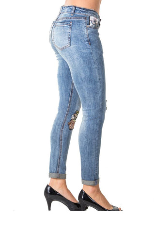 Ladies fashion denim distress embroidered capri pants with pockets