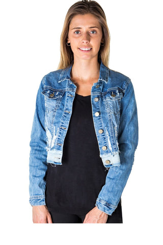 Ladies fashion cropped distress denim jacket