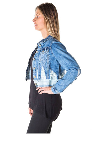 Ladies fashion cropped distress denim jacket