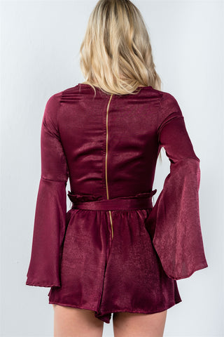 Ladies fashion round neckline gathered long bell sleeves romper