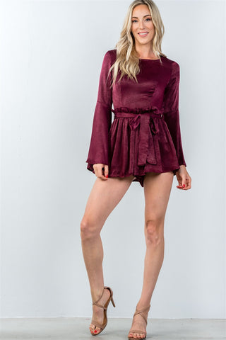 Ladies fashion round neckline gathered long bell sleeves romper