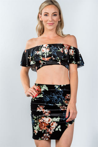 Ladies fashion black strapless ruffle crop top and mini skirt with thigh split