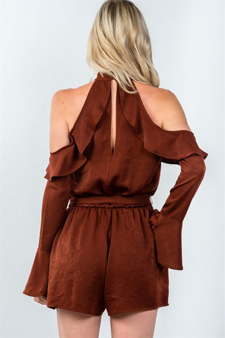 Ladies fashion tie long sleeve cold shoulder flounce romper