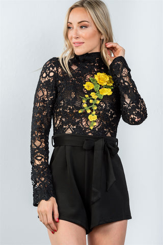 Ladies fashion high neck long sleeves floral embroidered crochet belted romper