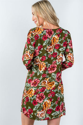 Ladies fashion long sleeve scoop neck allover floral mini dress - merchandiserus2