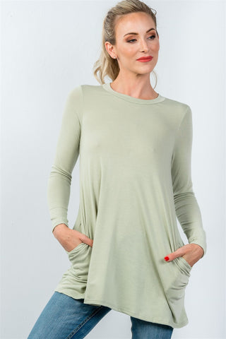 Ladies fashion round neckline long sleeve back keyhole tunic top