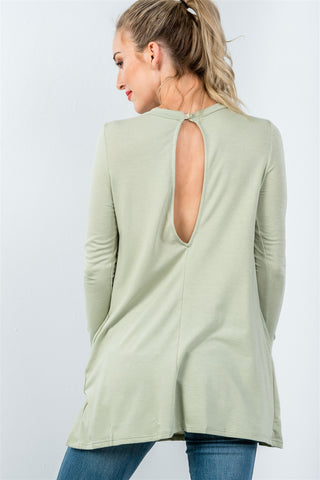 Ladies fashion round neckline long sleeve back keyhole tunic top