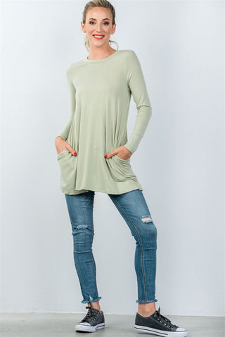 Ladies fashion round neckline long sleeve back keyhole tunic top