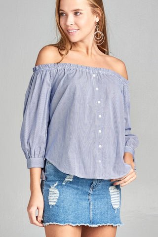 Ladies fashion sleeve tie off the shoulder stripe cotton top
