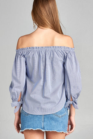 Ladies fashion sleeve tie off the shoulder stripe cotton top