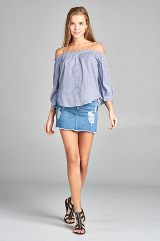 Ladies fashion sleeve tie off the shoulder stripe cotton top