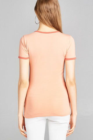 Ladies fashion plus size short sleeve v-neck strappy w/chocker cotton rayon spandex top