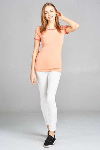 Ladies fashion plus size short sleeve v-neck strappy w/chocker cotton rayon spandex top